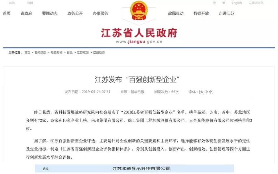 飛凱材料全資子公司和成顯示榮獲“2018江蘇省百強(qiáng)創(chuàng)新型企業(yè)”